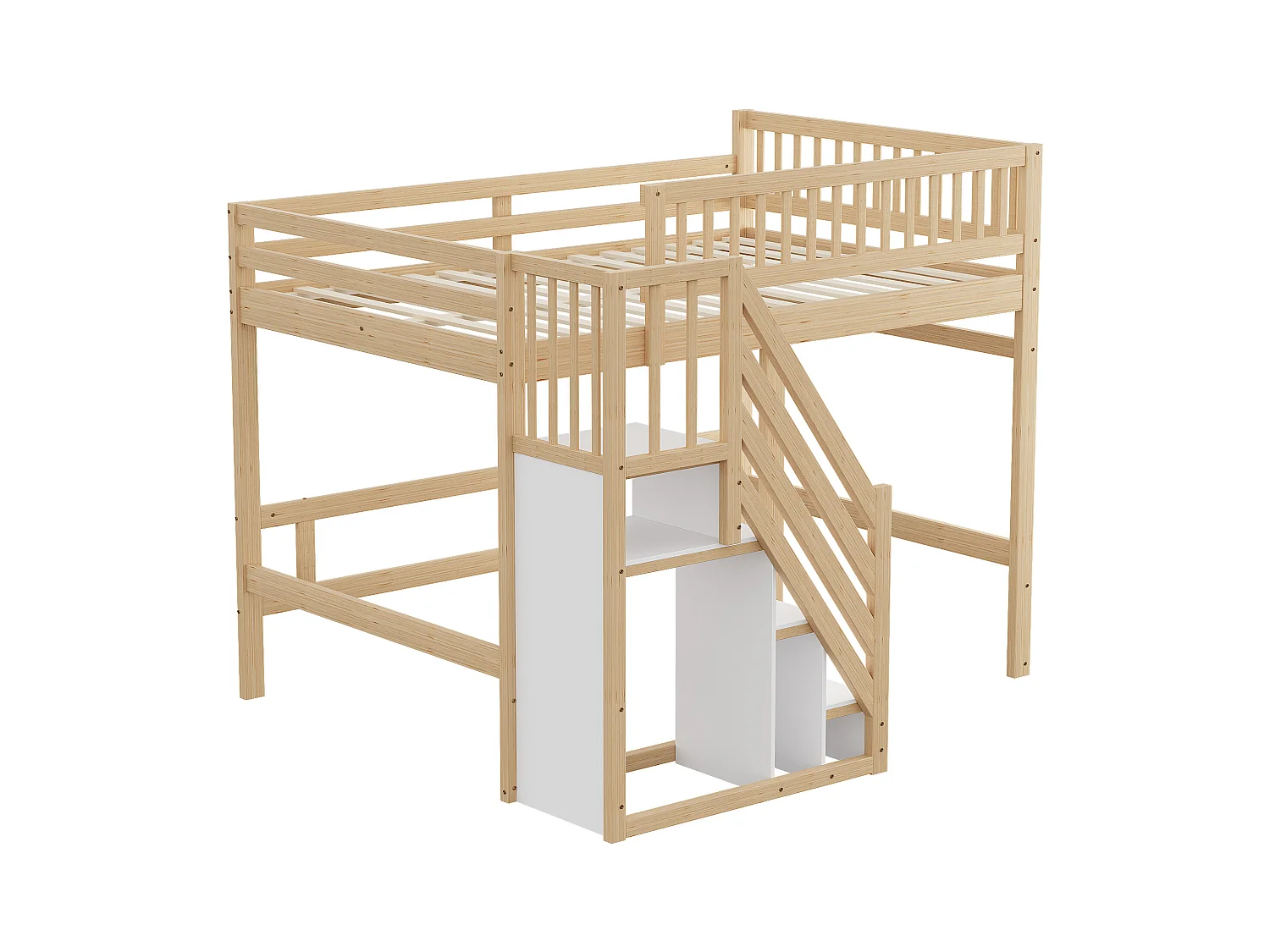 Lit mezzanine 140x200cm - avec escalier de rangement - bois massif + contreplaqué + MDF - Naturel