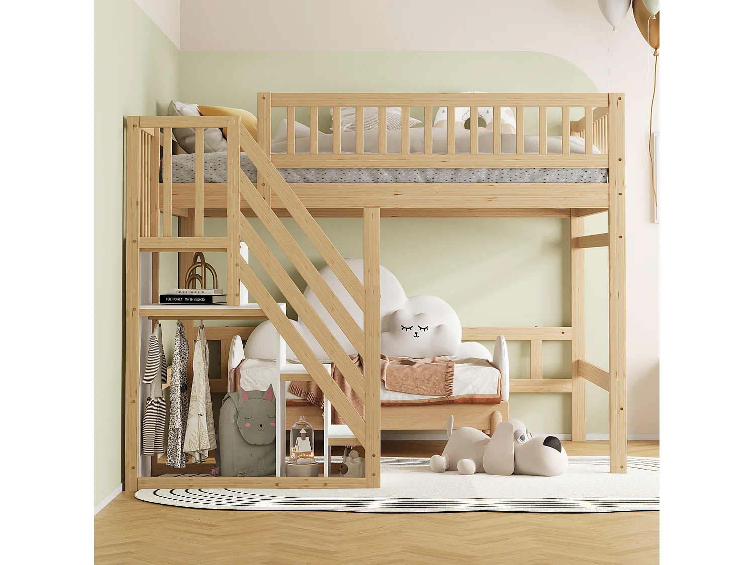 Lit mezzanine 140x200cm - avec escalier de rangement - bois massif + contreplaqué + MDF - Naturel