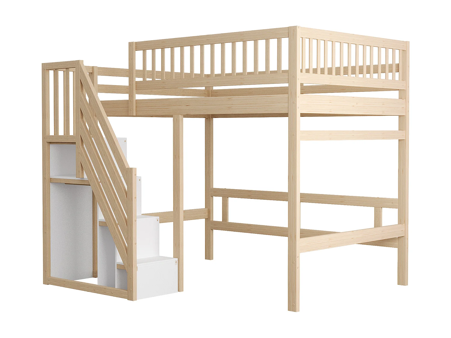 Lit mezzanine 140x200cm - avec escalier de rangement - bois massif + contreplaqué + MDF - Naturel