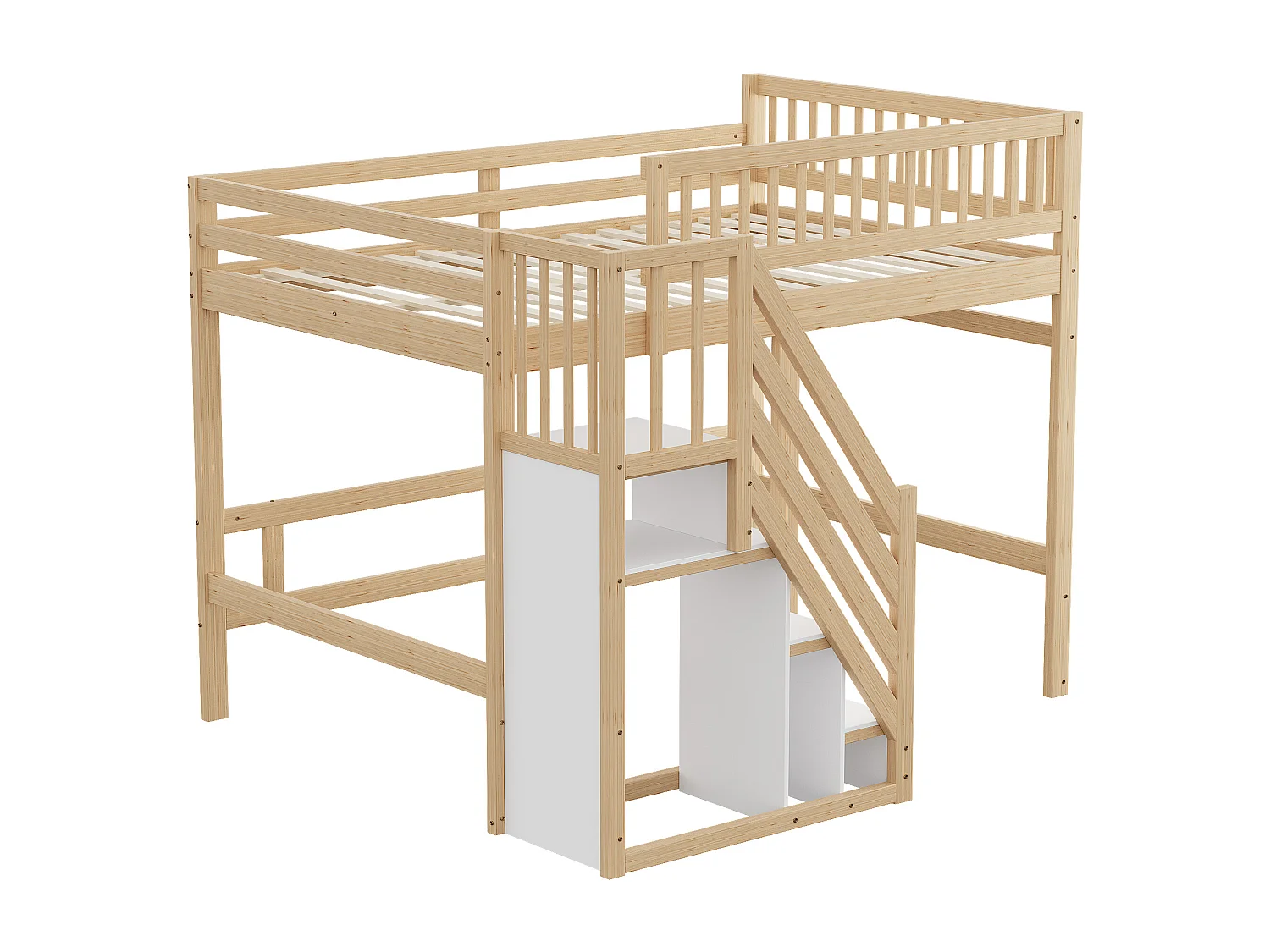 Lit mezzanine 140x200cm - avec escalier de rangement - bois massif + contreplaqué + MDF - Naturel