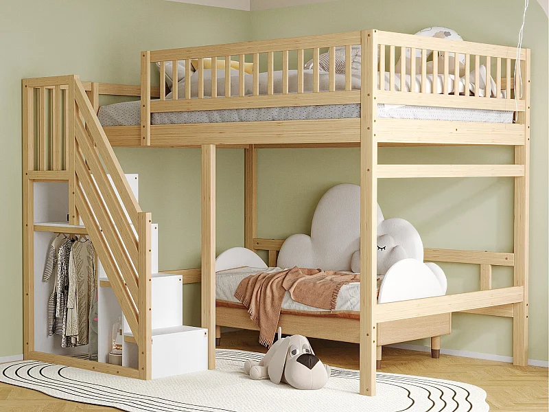 Lit mezzanine 140x200cm - avec escalier de rangement - bois massif + contreplaqué + MDF - Naturel