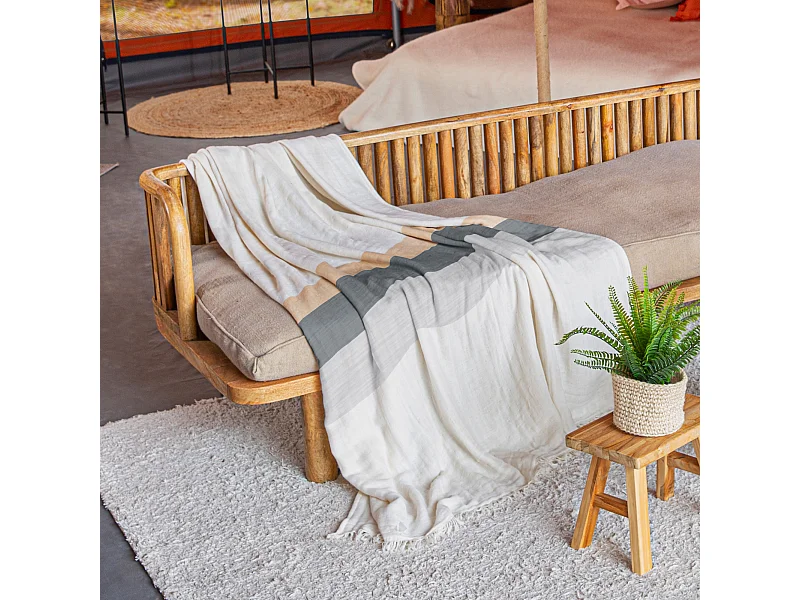 Plaid franges 150x180 cm LUANDA coton et matières mixtes naturel camel