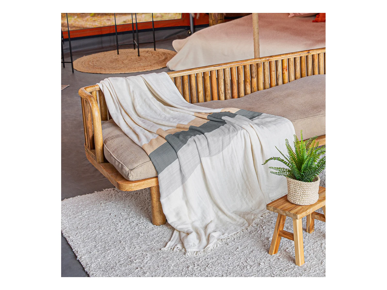 Plaid franges 150x180 cm LUANDA coton et matières mixtes naturel camel