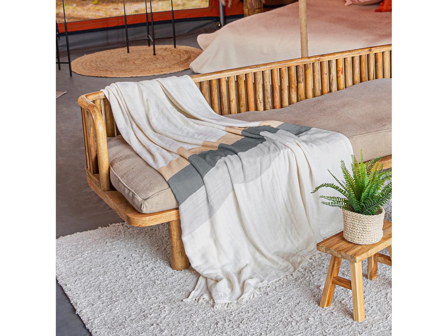 Plaid franges 150x180 cm LUANDA coton et matières mixtes naturel camel