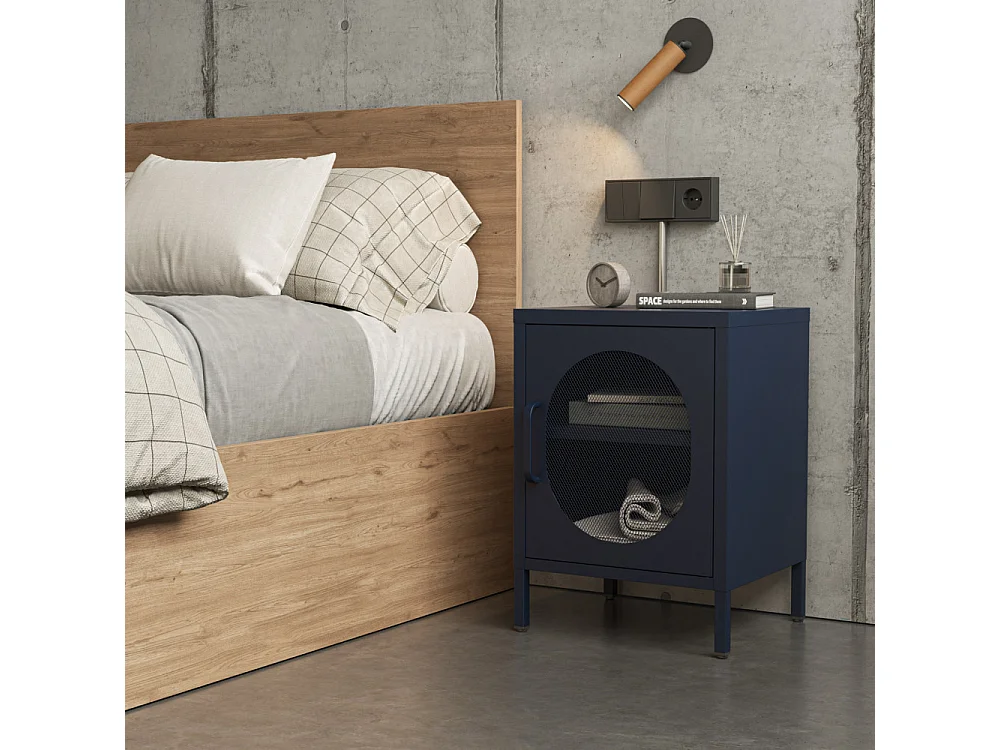 Zio - Table de chevet 1 porte en métal - Bleu nuit