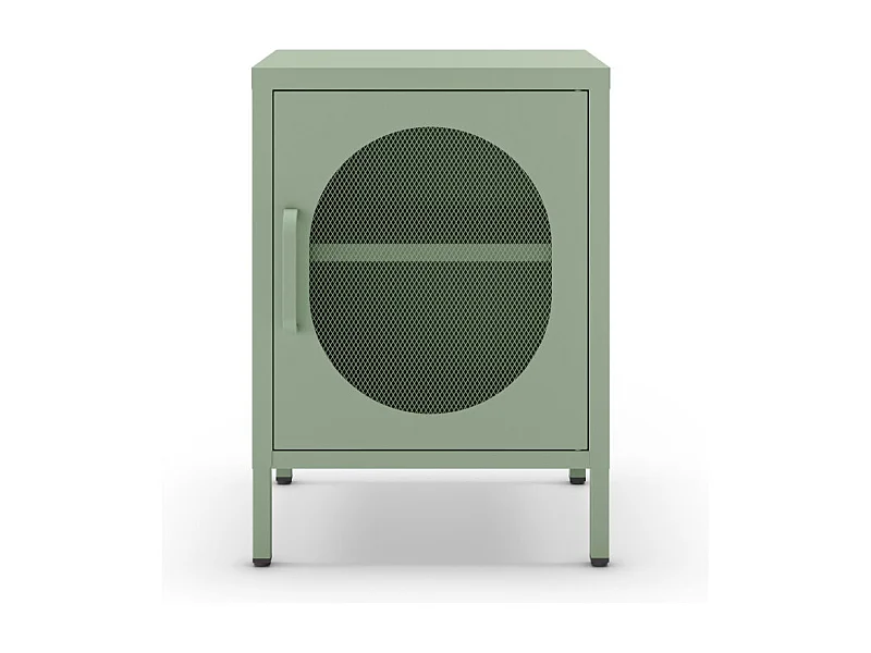 Comodino in metallo Diora verde menta con anta reticolata – Design industriale, anima versatile