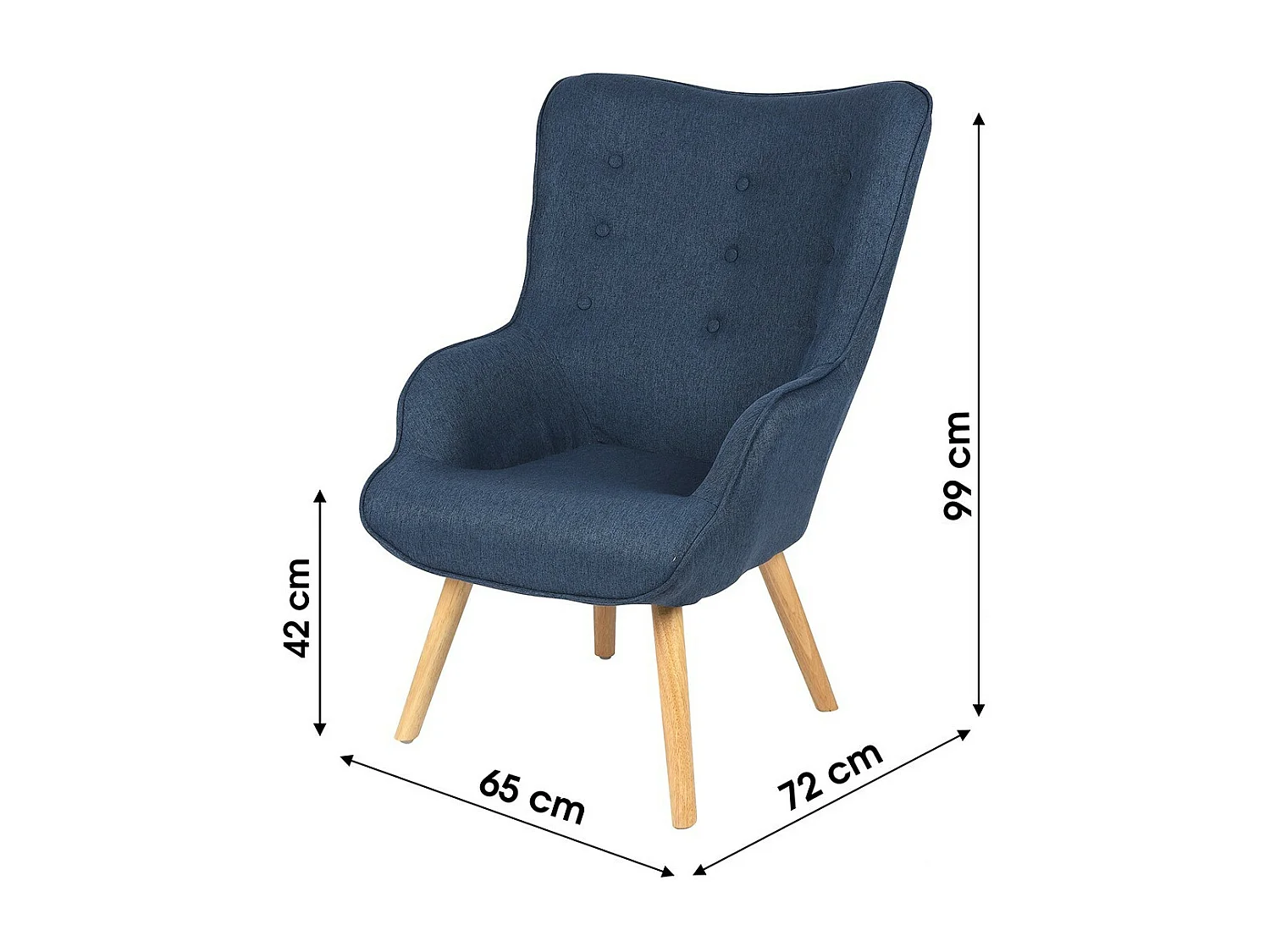 Fauteuil de salon en tissu bleu denim avec pieds en bois collection ENJOY. Style scandinave