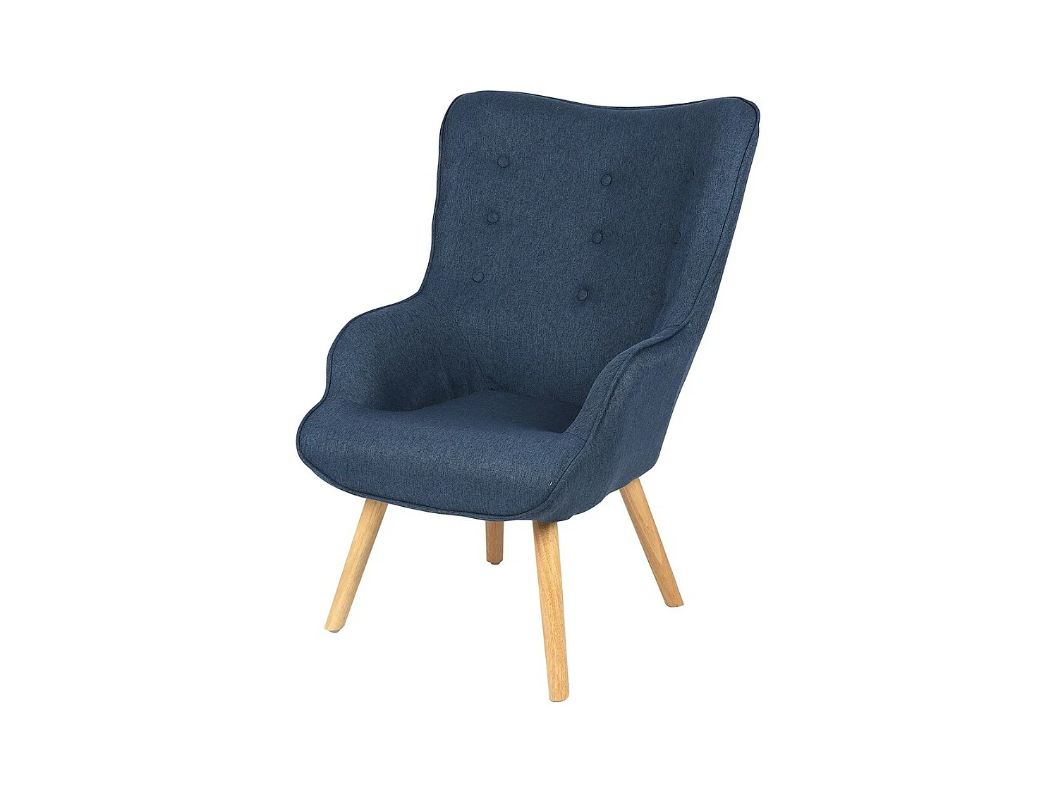Fauteuil de salon en tissu bleu denim avec pieds en bois collection ENJOY. Style scandinave