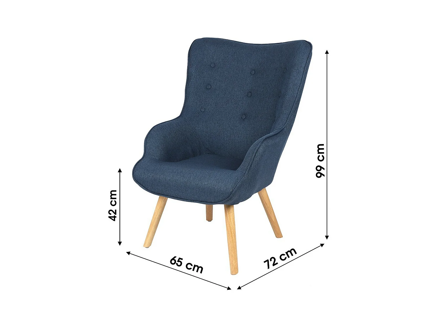 Fauteuil de salon en tissu bleu denim avec pieds en bois collection ENJOY. Style scandinave