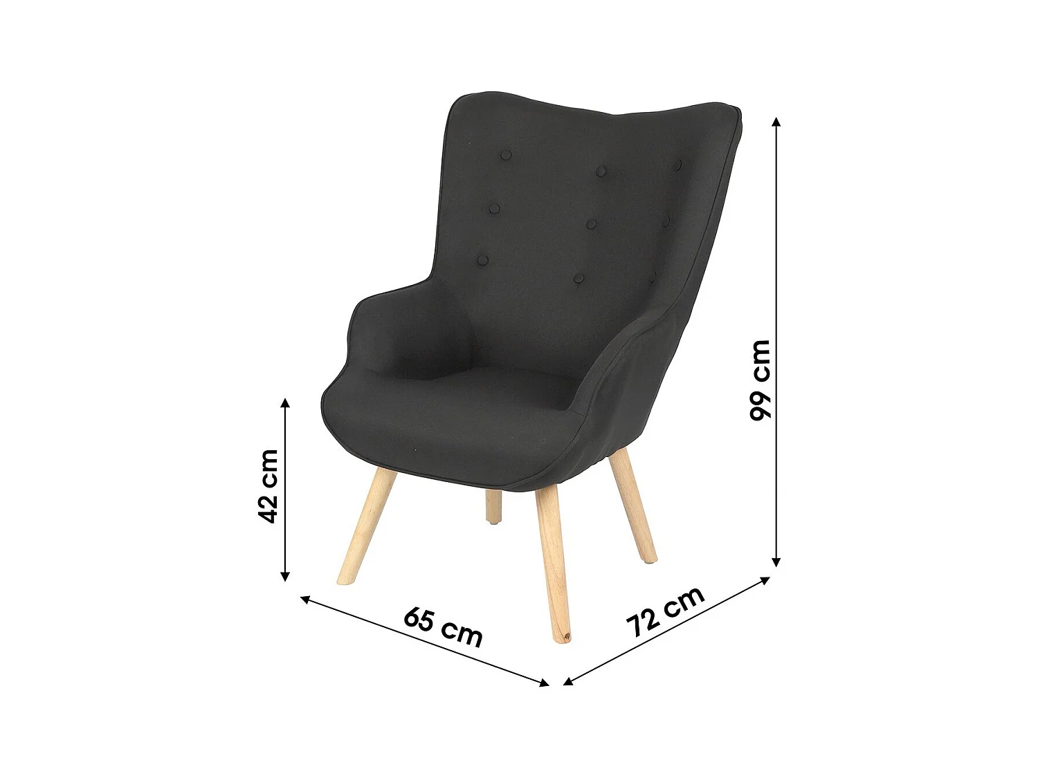 Zwarte stoffen fauteuil met houten poten uit de ENJOY collectie. Scandinavische stijl