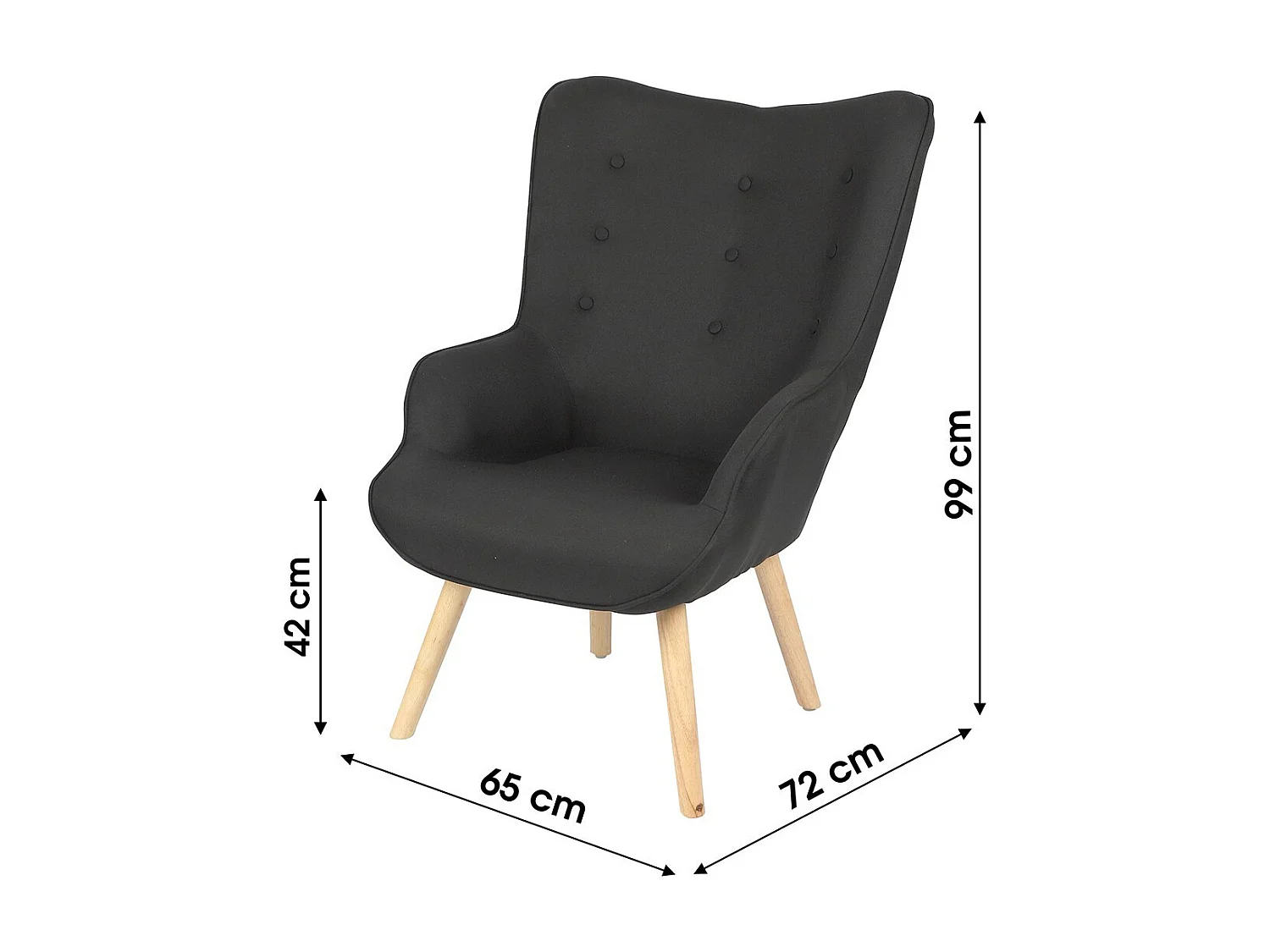 Zwarte stoffen fauteuil met houten poten uit de ENJOY collectie. Scandinavische stijl