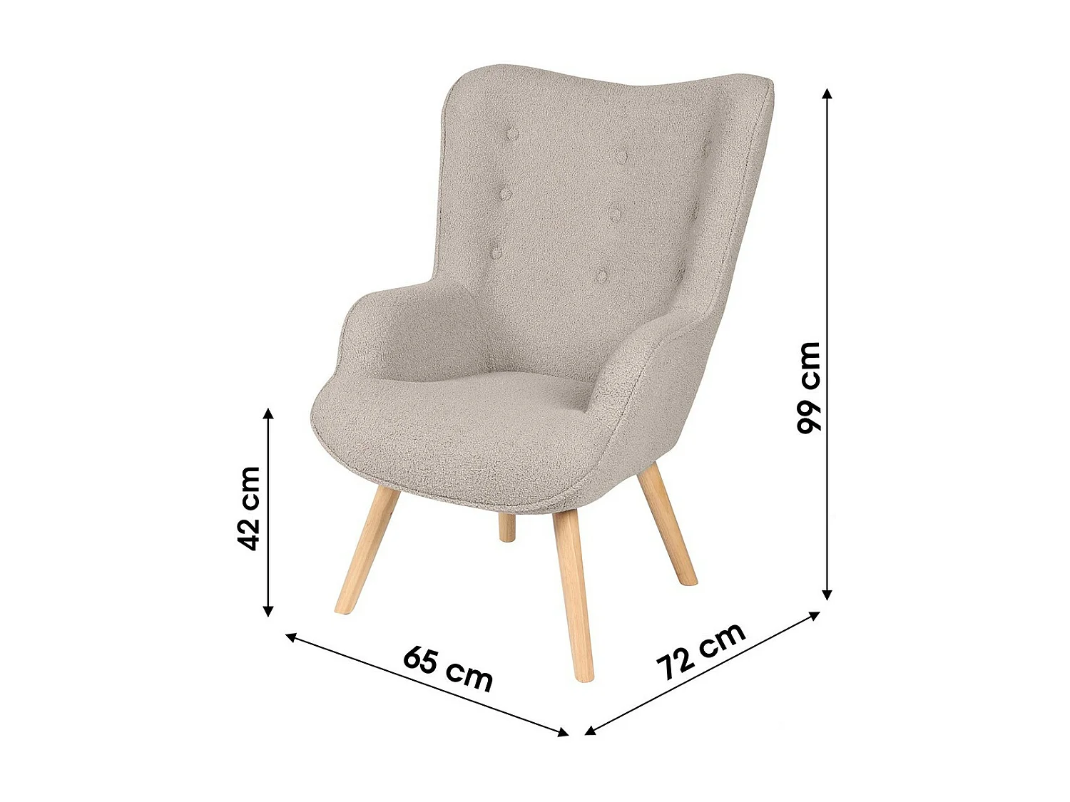 Salonfauteuil in grijze teddy stof met houten poten uit de ENJOY collectie. Scandinavische stijl.