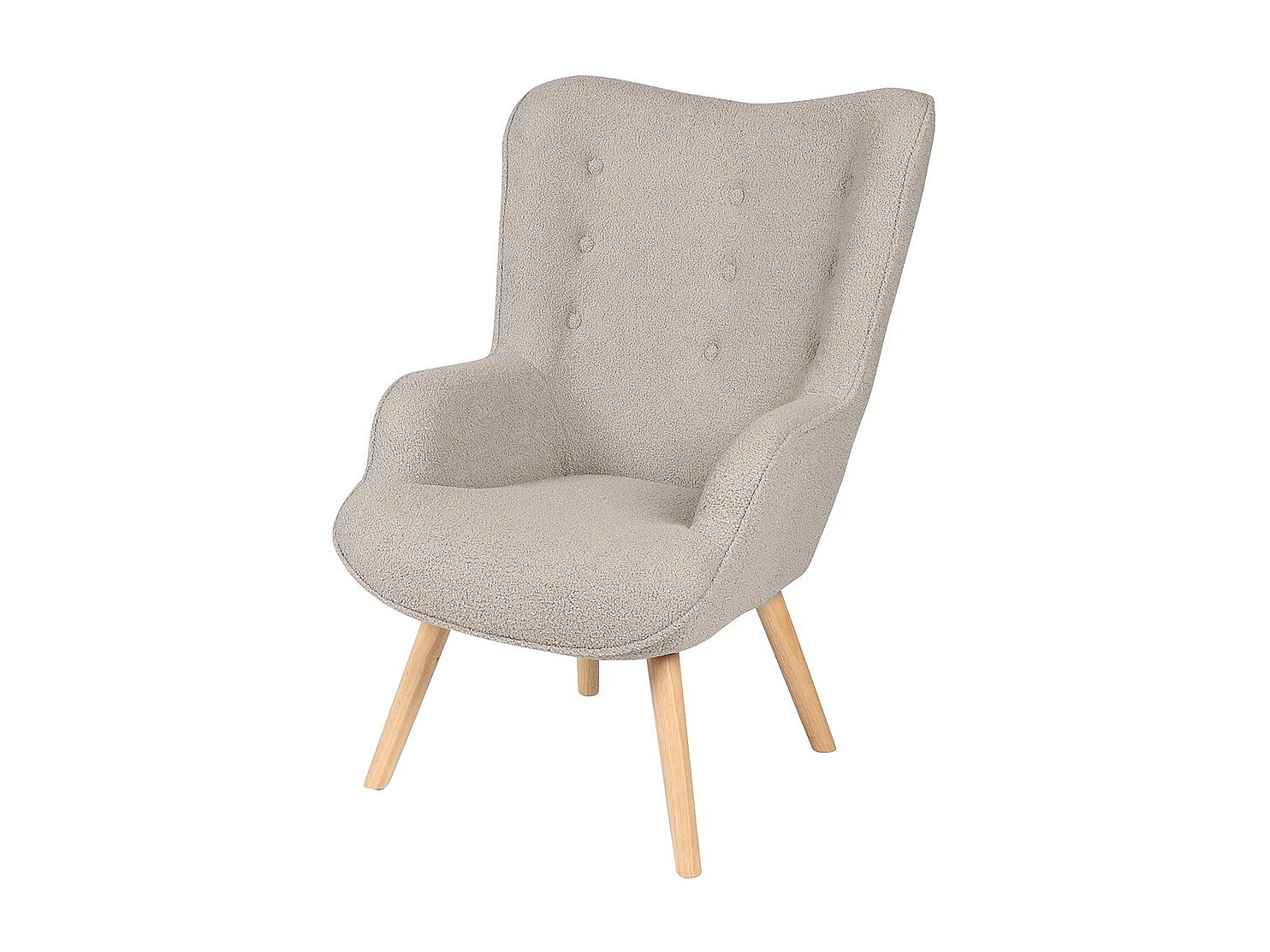 Salonfauteuil in grijze teddy stof met houten poten uit de ENJOY collectie. Scandinavische stijl.