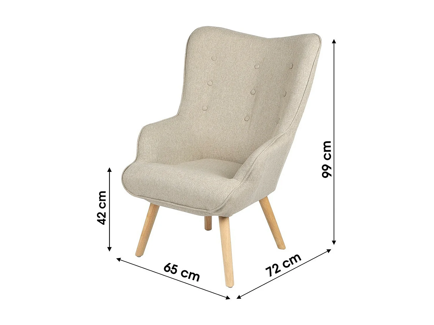 Stoffen beige fauteuil met houten poten uit de ENJOY-collectie. Scandinavische stijl.