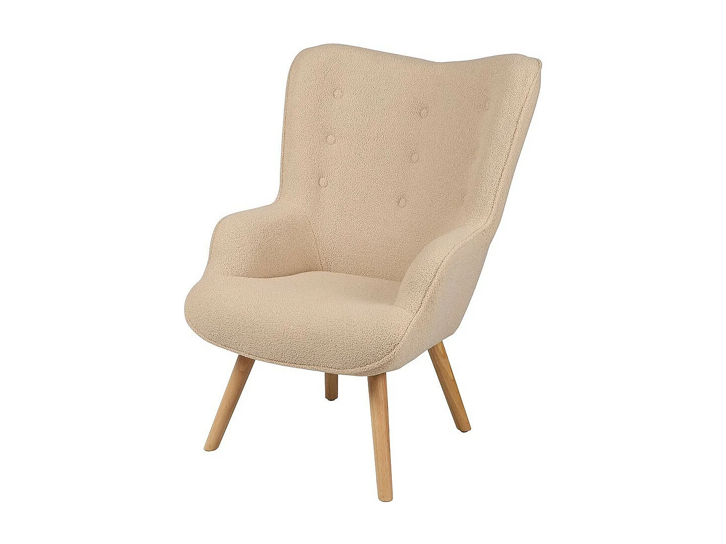 Stoffen teddy beige fauteuil met houten poten uit de ENJOY collectie. Scandinavische stijl.