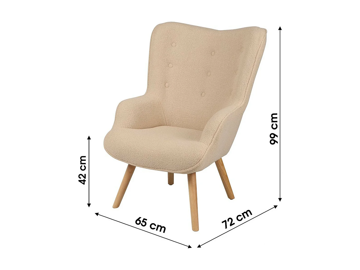 Stoffen teddy beige fauteuil met houten poten uit de ENJOY collectie. Scandinavische stijl.
