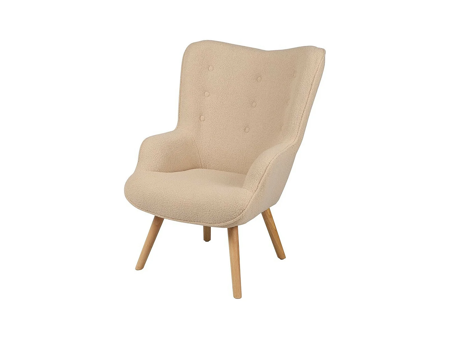 Fauteuil de salon en tissu teddy beige avec pieds en bois collection ENJOY. Style scandinave