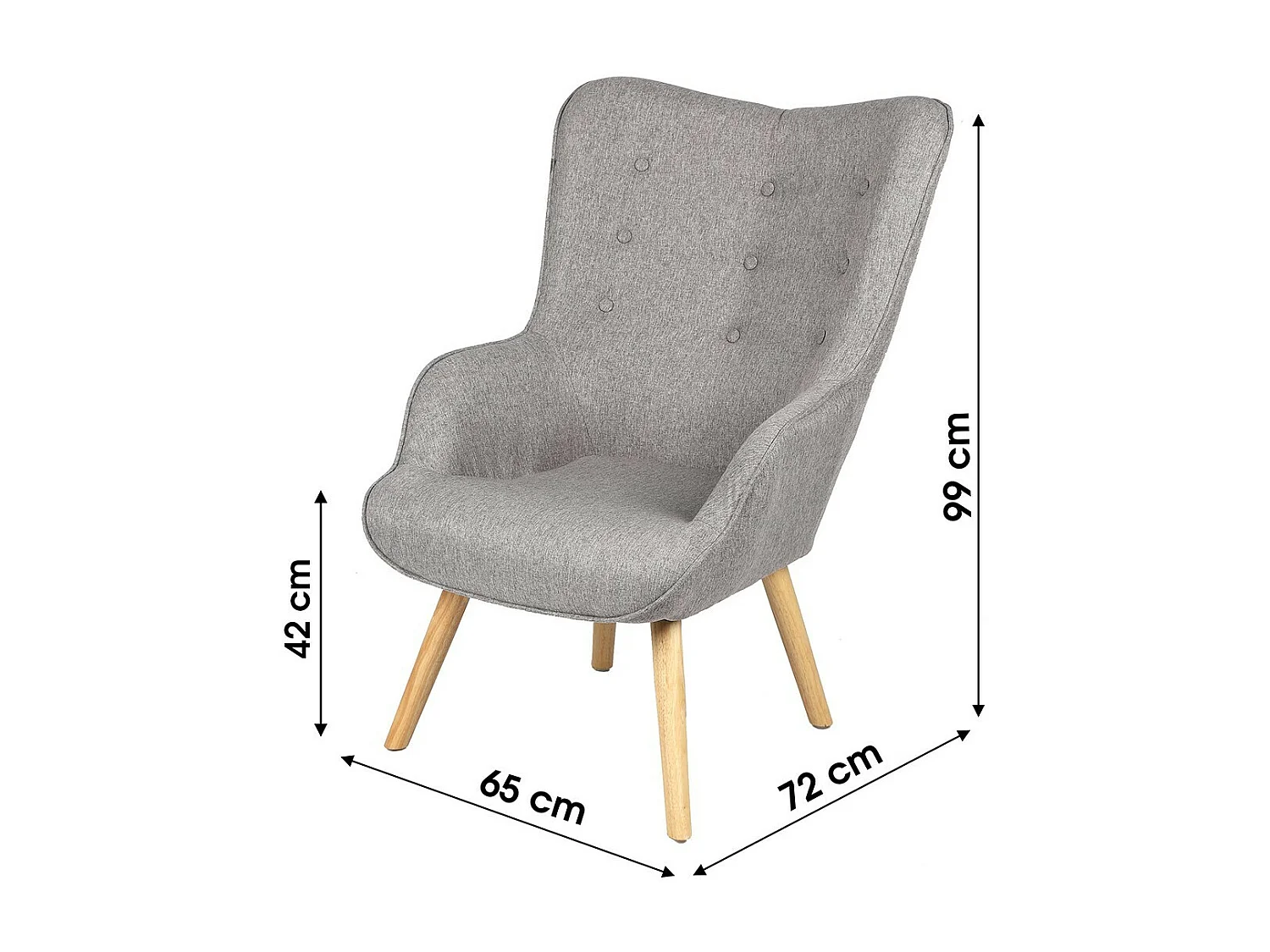 Fauteuil de salon en tissu gris clair avec pieds en bois collection ENJOY. Style scandinave