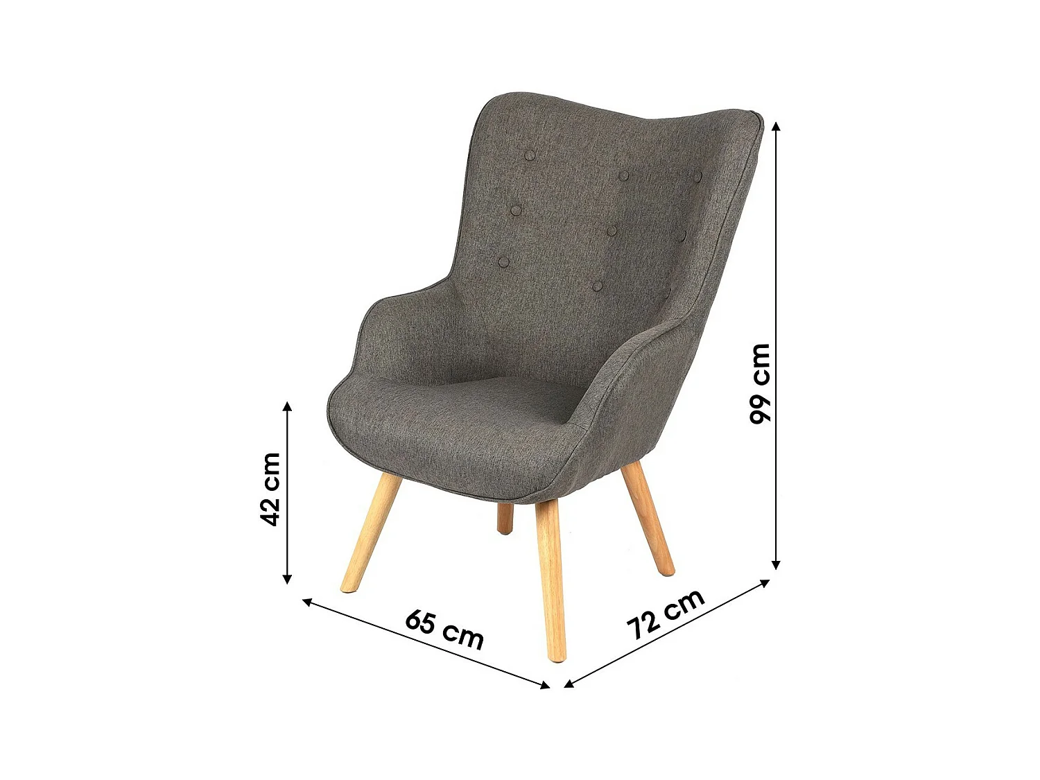 Donkergrijze stoffen salonstoel met houten poten uit de ENJOY collectie. Scandinavische stijl.