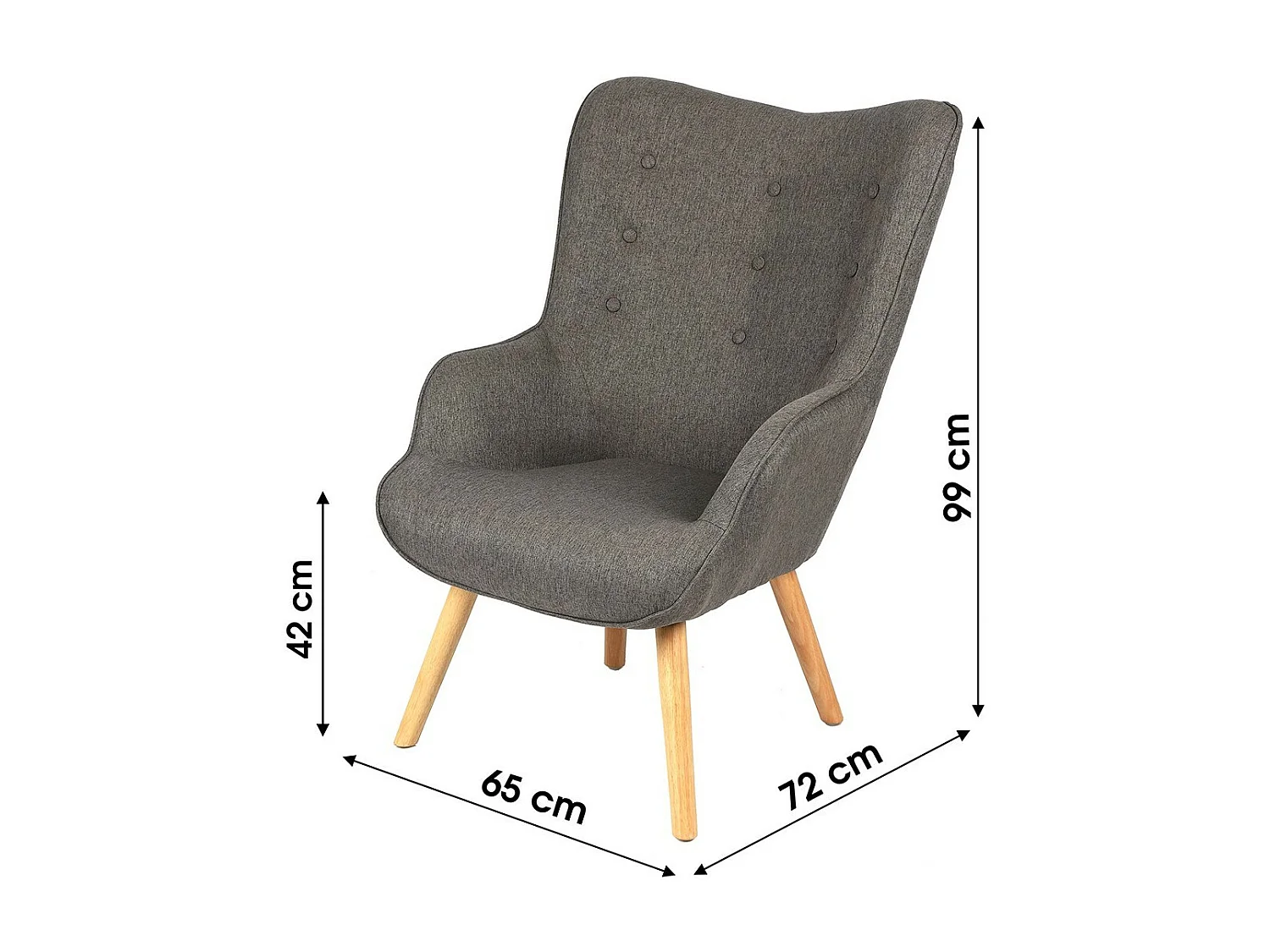 Donkergrijze stoffen salonstoel met houten poten uit de ENJOY collectie. Scandinavische stijl.