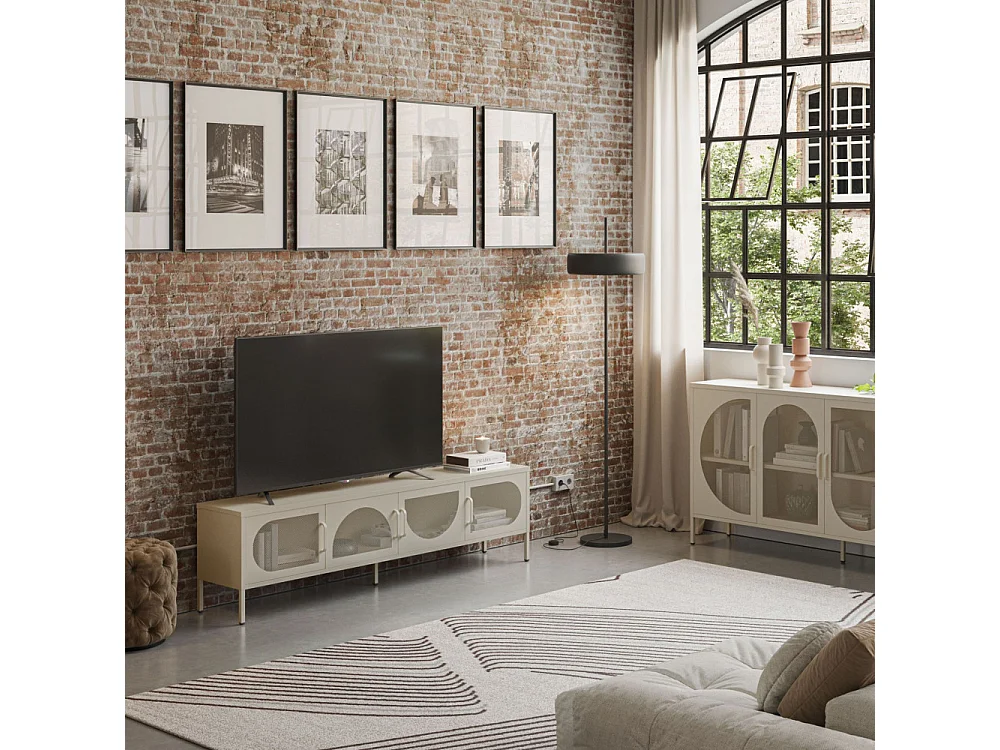 Zio - Meuble TV 4 portes en métal L180cm - Beige