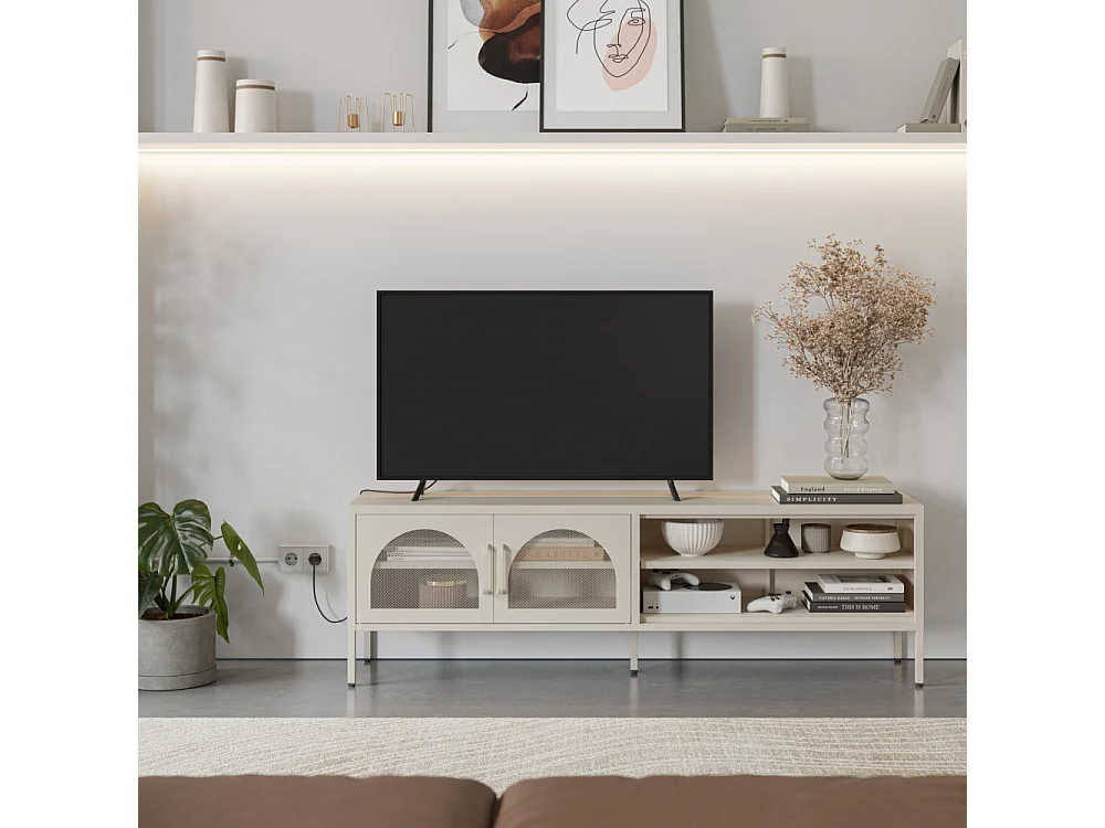 Zio - Meuble TV 2 portes en métal L160cm - Beige