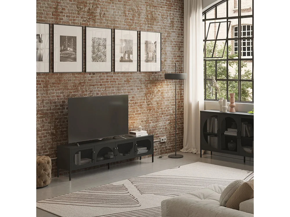 Zio - Meuble TV 4 portes en métal L180cm - Noir