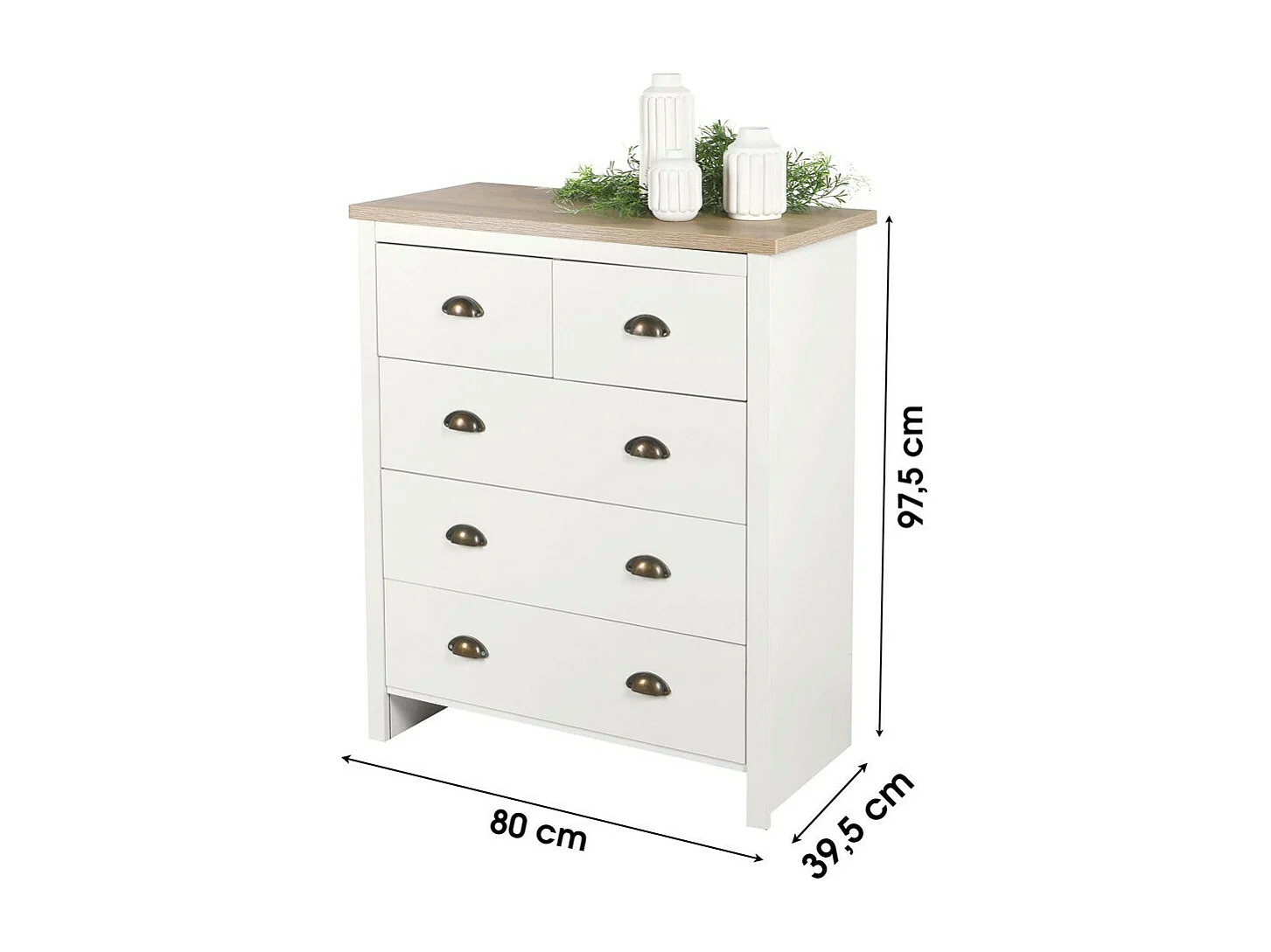 Commode avec 5 tiroirs design colonial – 80x39,5xH97,5 cm, coloris blanc et plateau chêne clair – Collection MADERA