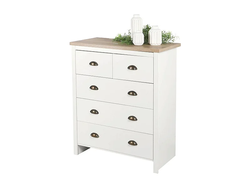 Commode avec 5 tiroirs design colonial – 80x39,5xH97,5 cm, coloris blanc et plateau chêne clair – Collection MADERA