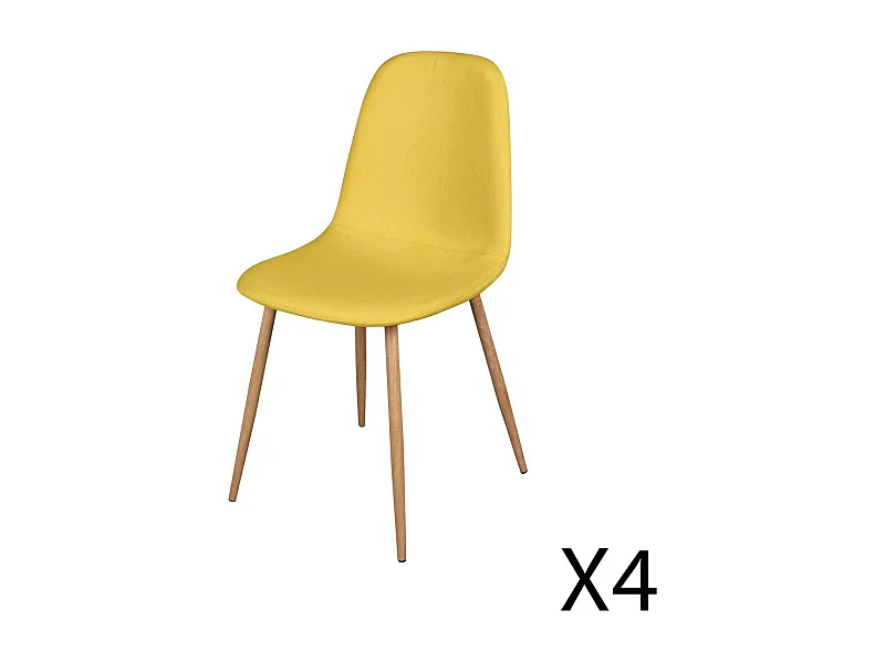 Lote de 4 sillas en tela amarillo mostaza con patas de metal efecto madera – 45x87x54 cm – Colección NORDICA