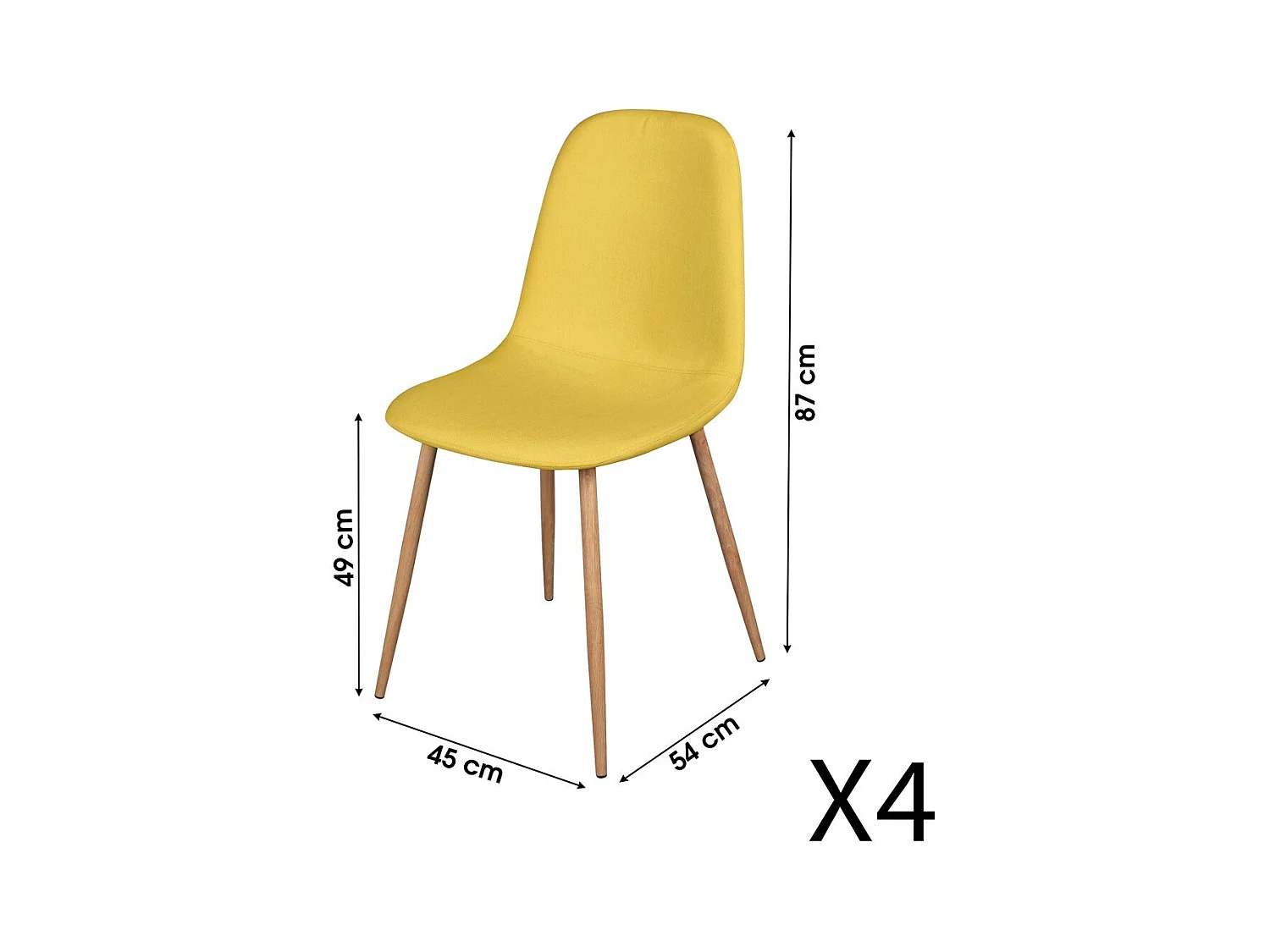 Set van 4 stoelen in mosterdgele stof met hout-effect metalen poten – 45x87x54 cm – Collectie NORDICA