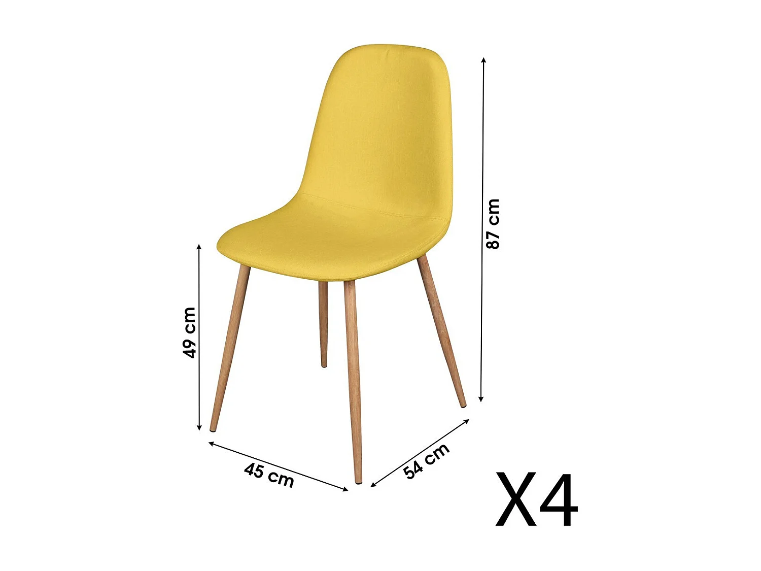 Set van 4 stoelen in mosterdgele stof met hout-effect metalen poten – 45x87x54 cm – Collectie NORDICA