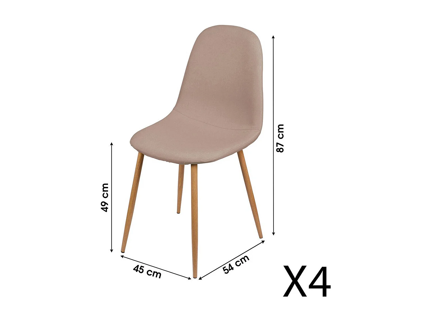 Lot de 4 chaises en tissu taupe avec pieds en métal effet bois – 45x87x54 cm, hauteur d'assise 49 cm – Collection NORDICA