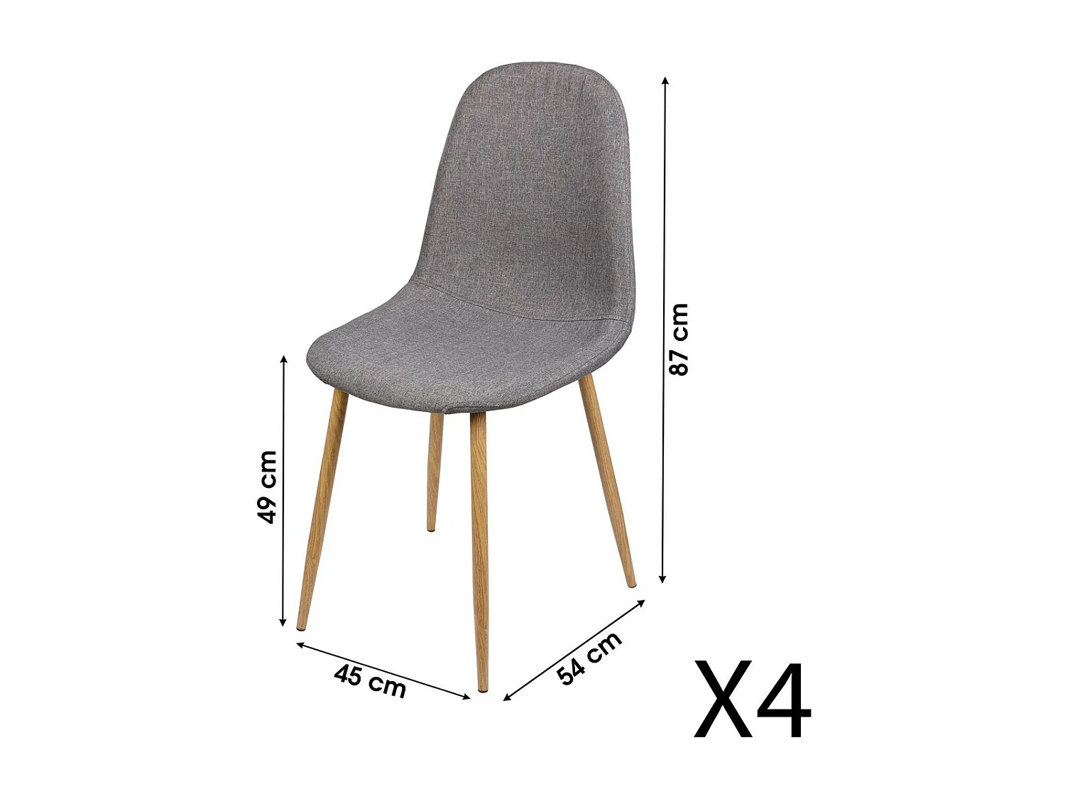 Lot de 4 chaises en tissu gris foncé avec pieds en métal effet bois – 45x87x54 cm, hauteur d'assise 49 cm – Collection NORDICA