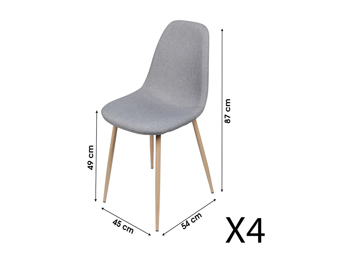 Lot de 4 chaises en tissu gris clair avec pieds en métal effet bois – 45x87x54 cm, hauteur d'assise 49 cm – Collection NORDICA