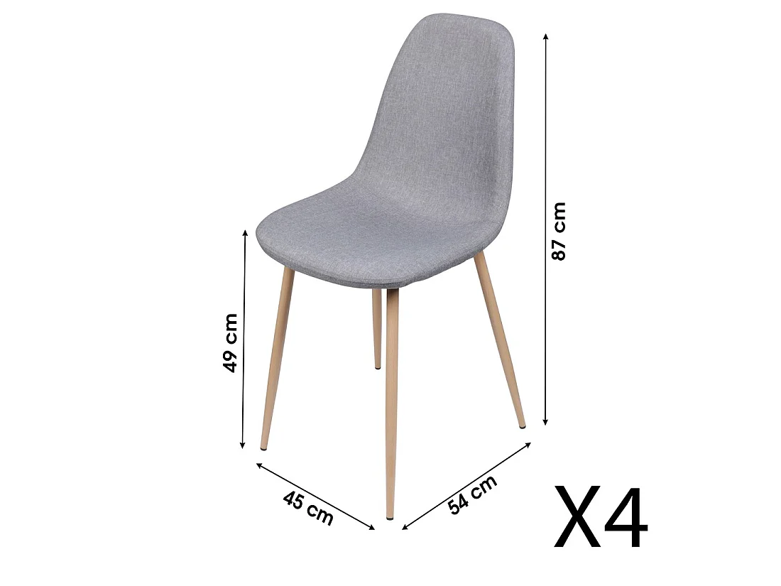 Set van 4 stoelen in lichtgrijze stof met metalen poten met houteffect - 45x87x54 cm, zithoogte 49 cm - Collectie NORDICA
