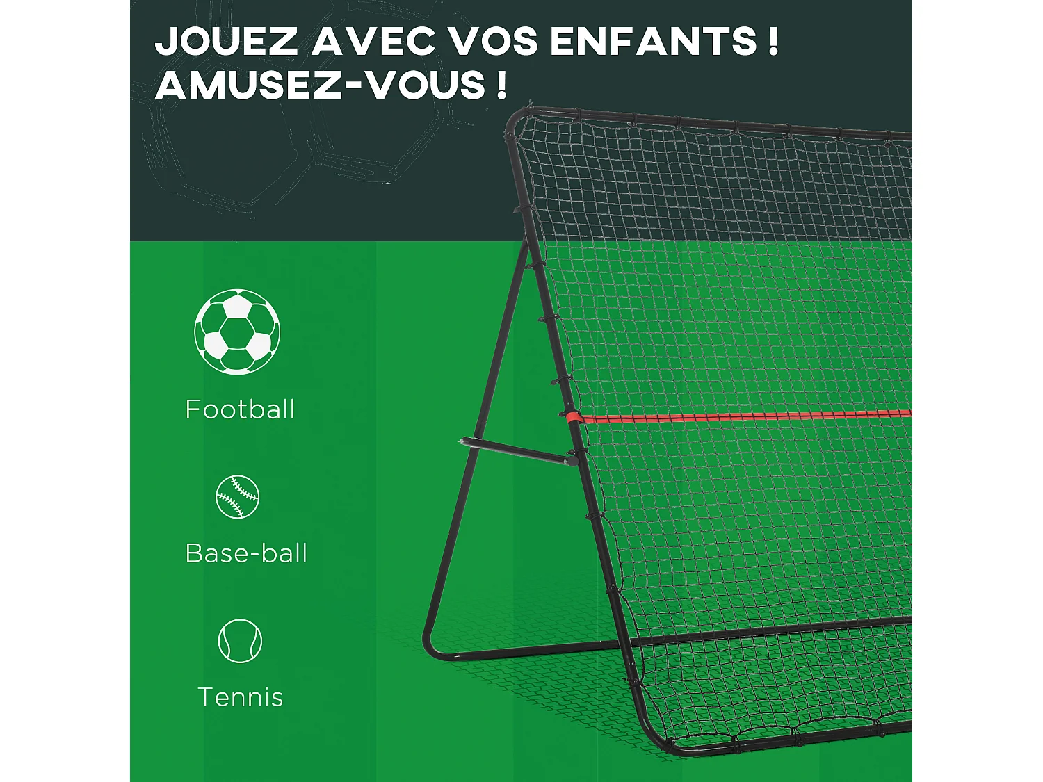 Filet de rebond de football - rebondisseur de football angle réglable - dim. 280L x 185H cm - rouge noir