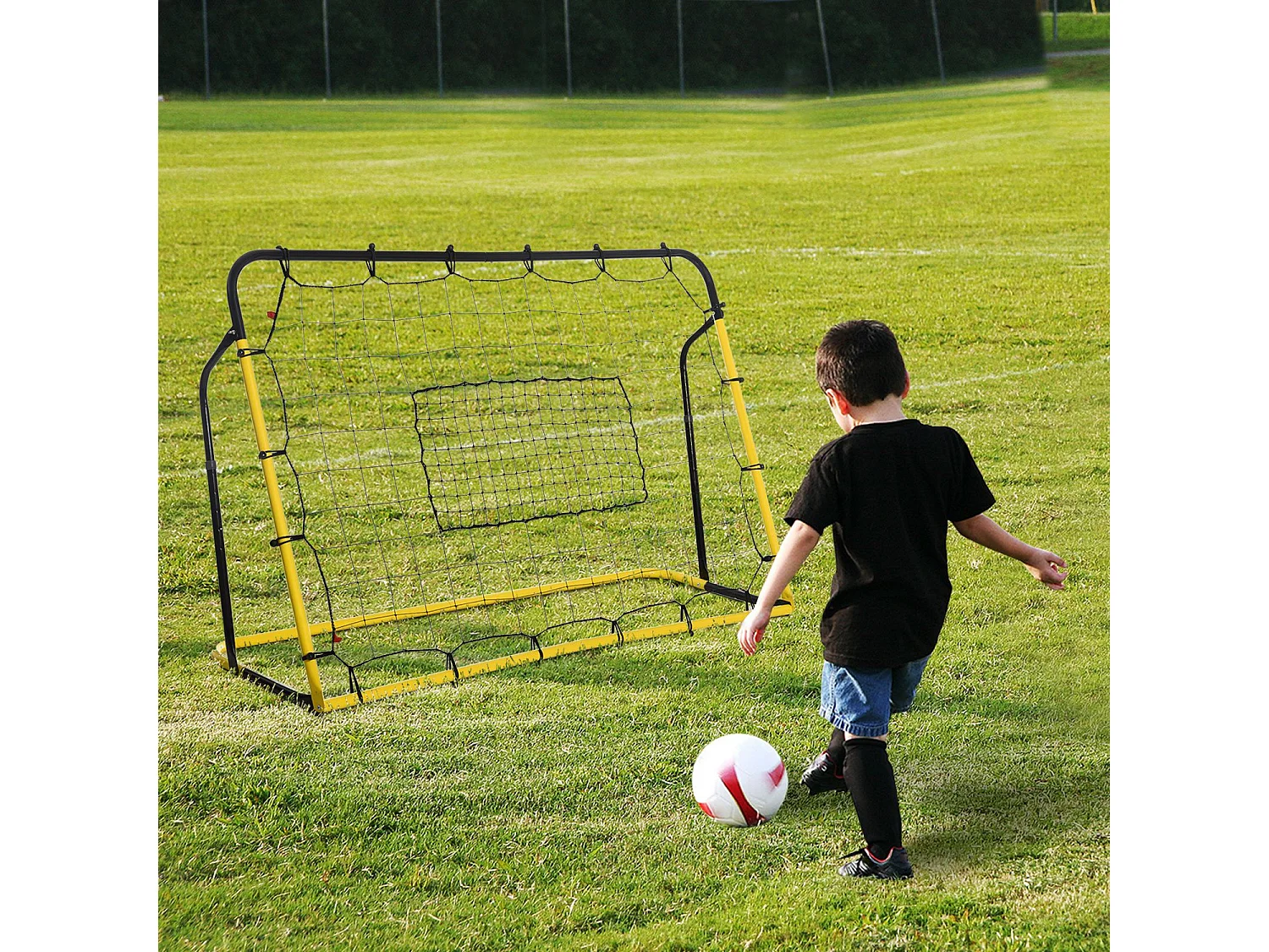 Filet de rebond de football - rebondisseur de football angle réglable - dim. 184L x 123H cm - jaune noir