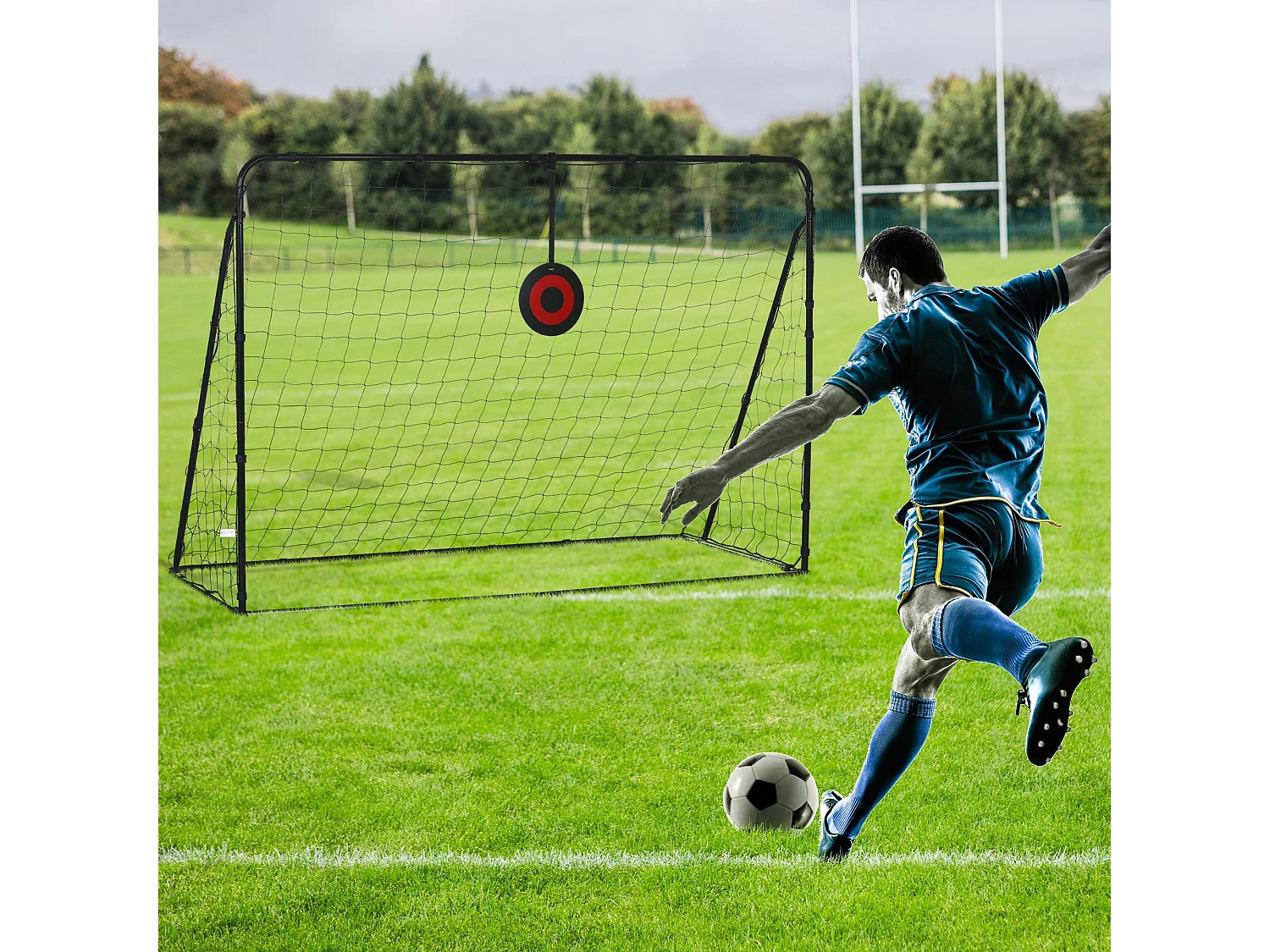 But de football cage de foot but futsal avec cible - dim. 213L x 150l x 100H cm - acier PE noir