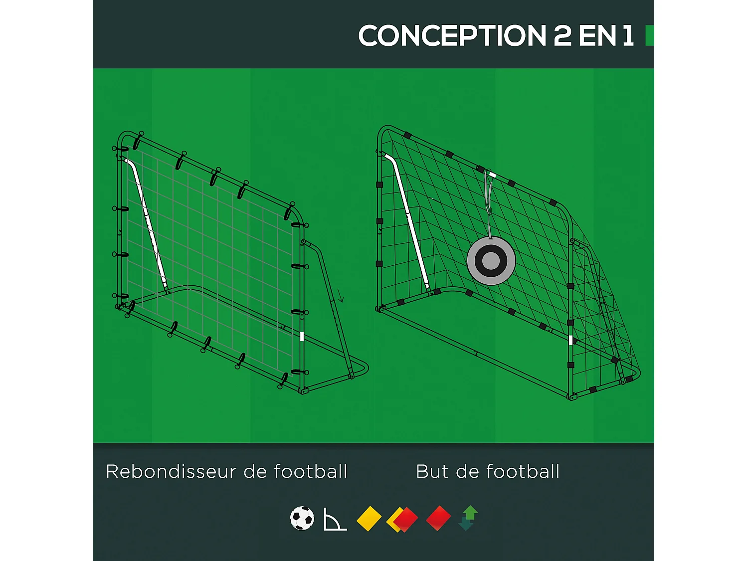 But de football cage de foot but futsal avec cible - dim. 213L x 150l x 100H cm - acier PE noir