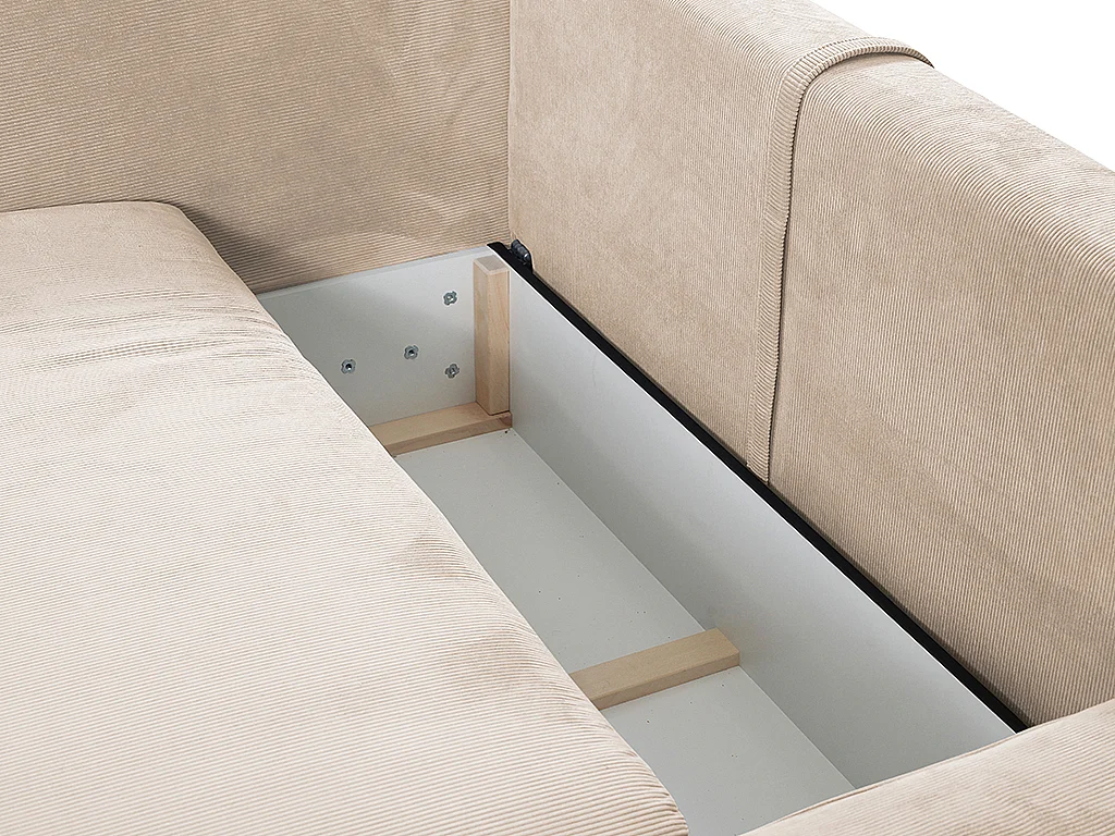 Canapé d'angle droit convertible et pouf en velours côtelé beige TEODORA