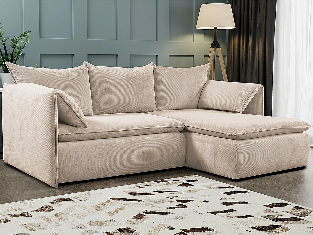 Canapé d'angle droit convertible et pouf en velours côtelé beige TEODORA