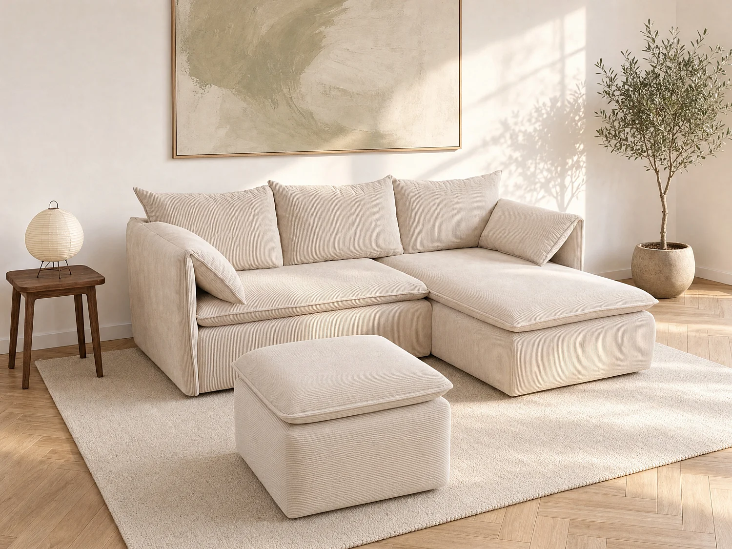 Canapé d'angle droit convertible et pouf en velours côtelé beige TEODORA