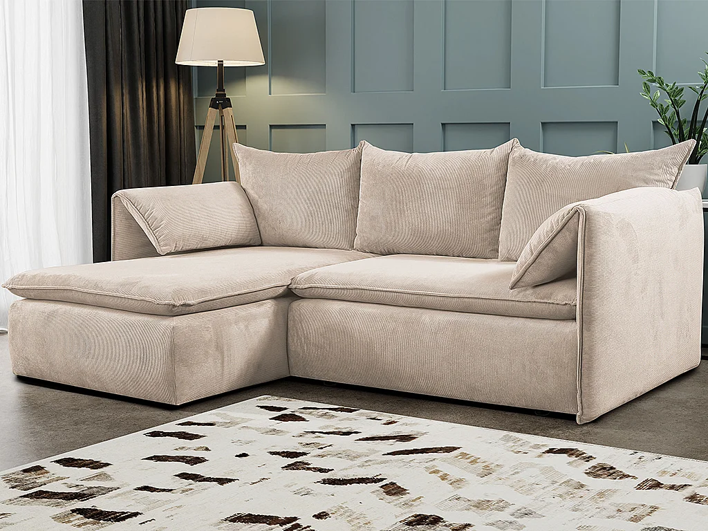Canapé d'angle gauche convertible et pouf en velours côtelé beige TEODORA