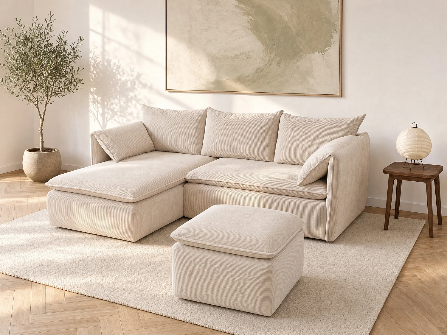 Canapé d'angle gauche convertible et pouf en velours côtelé beige TEODORA