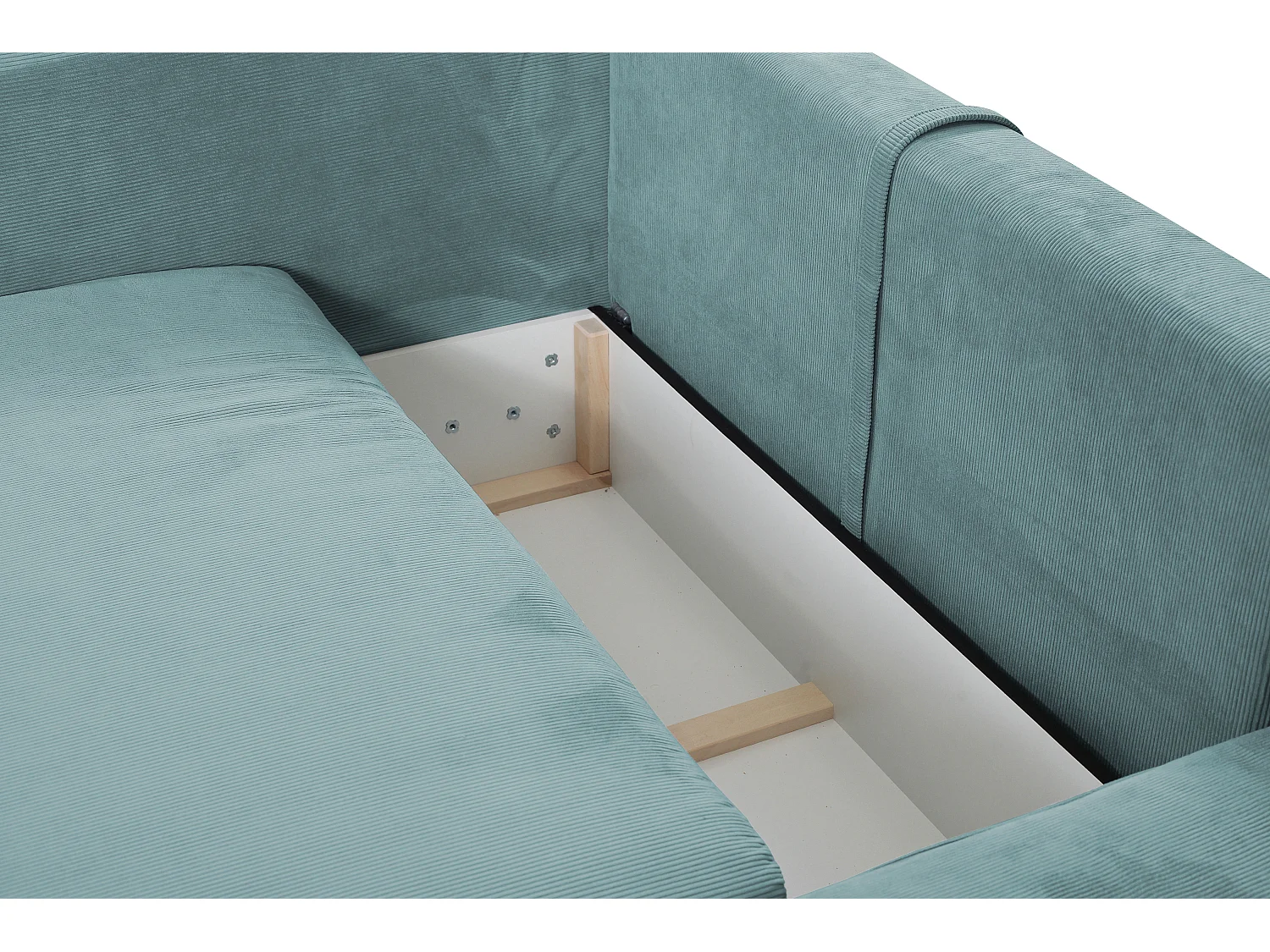 Canapé d'angle droit convertible et pouf en velours côtelé bleu TEODORA