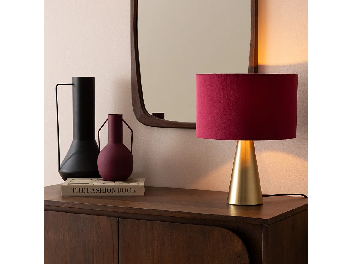 Lampe à poser, lampadaire en velours coloris bordeaux et métal doré - diamètre 27 x Hauteur 35  cm