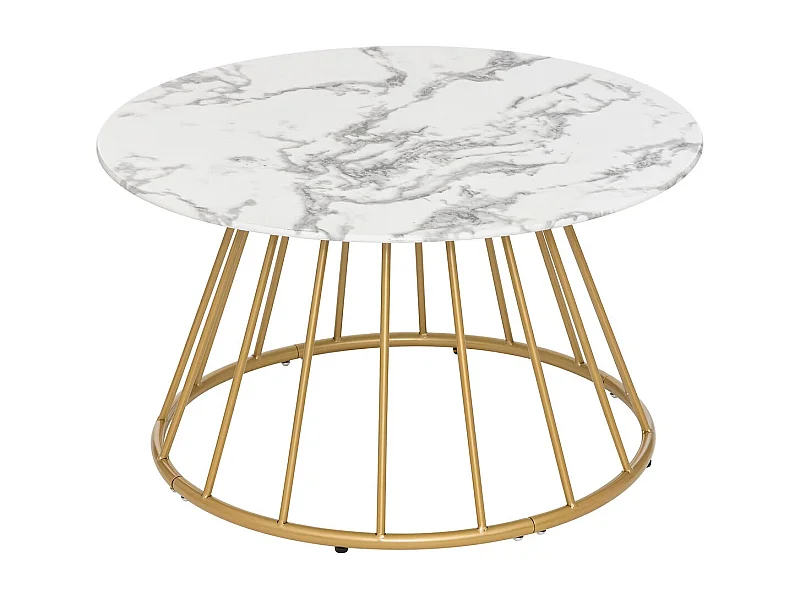 Table basse, Table de salon en verre trempé effet marbre coloris Blanc, noir et fer coloris doré - diamètre 70 x Hauteur 40 cm