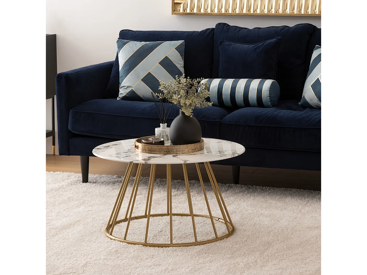 Table basse, Table de salon en verre trempé effet marbre coloris Blanc, noir et fer coloris doré - diamètre 70 x Hauteur 40 cm