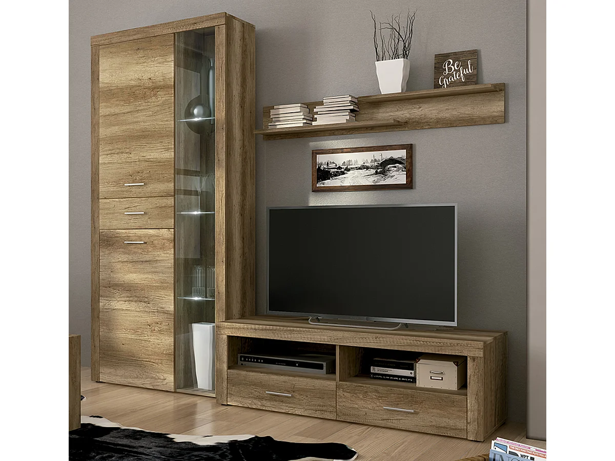 Ensemble de salon meuble TV + 1 étagère murale + vitrine avec LED coloris chêne chêne vieilli